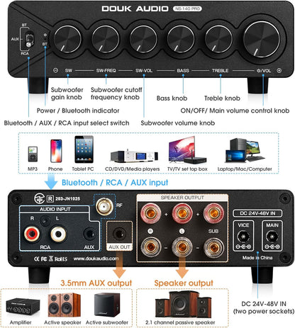 DoukAudio 2.1-kanaals versterker met Bluetooth: twee TPA3255 chips, aptX-HD, 300W subwoofer en 48V voeding voor audiofiele (NS-14G Pro)