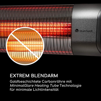 Blumfeldt Dark Wave infraroodstraler, vermogen: 2000 W, MinimalGlare verwarmingsbuis: goudgecoate koolstofbuis, 9 verwarmingsniveaus, 24-uurs timer, IP65, touch-bedieningspaneel en LED-display, zilver