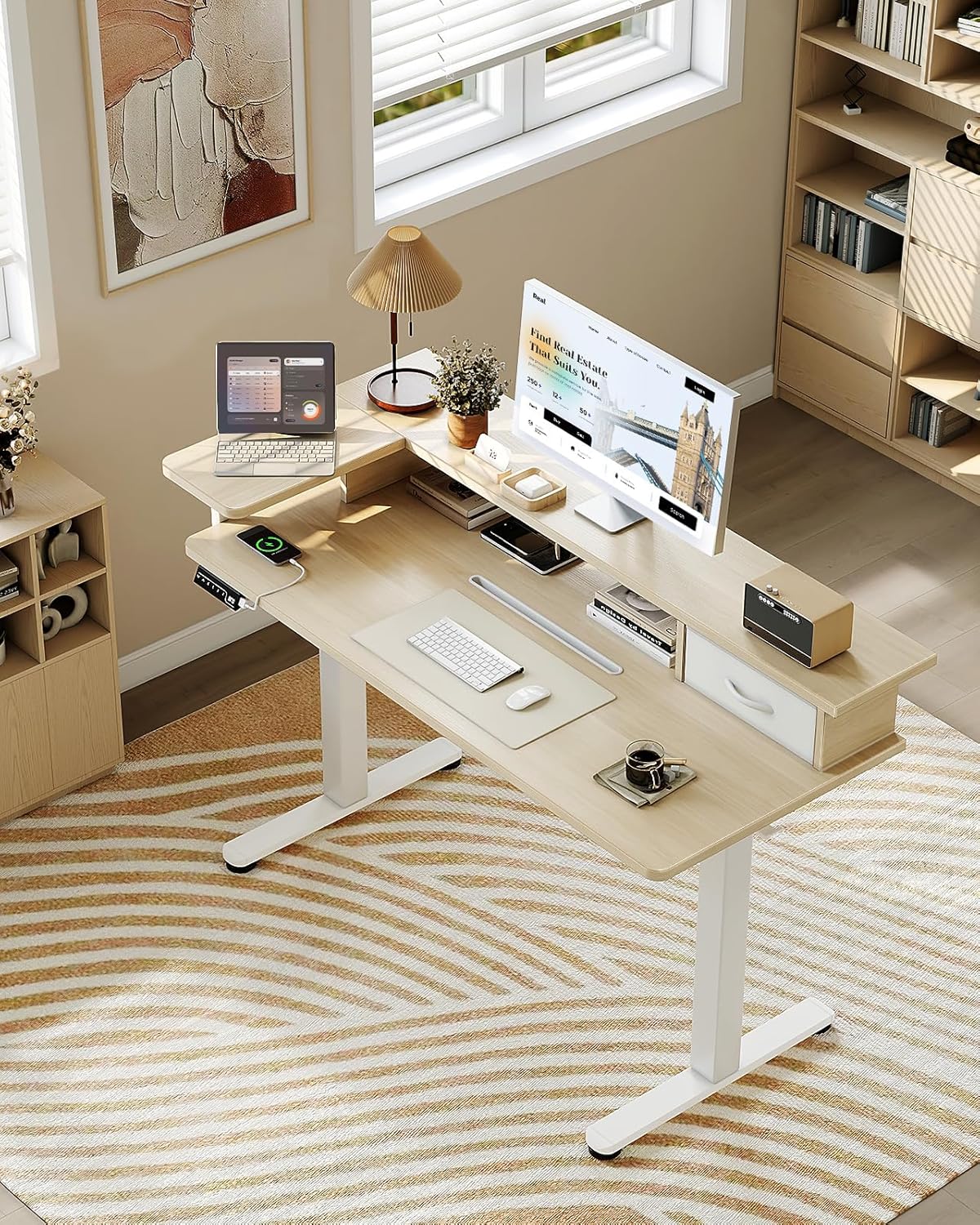 OffiGo Height Adjustable Desk, One-Piece Tabletop, 120x60 Electric Desk with L Monitor Holder, Standing Desk with Drawer, Standing Desk with USB, Ergonomic Computer Desk, Beige - QUORE