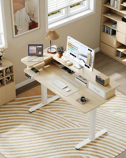 OffiGo Height Adjustable Desk, One-Piece Tabletop, 120x60 Electric Desk with L Monitor Holder, Standing Desk with Drawer, Standing Desk with USB, Ergonomic Computer Desk, Beige - QUORE