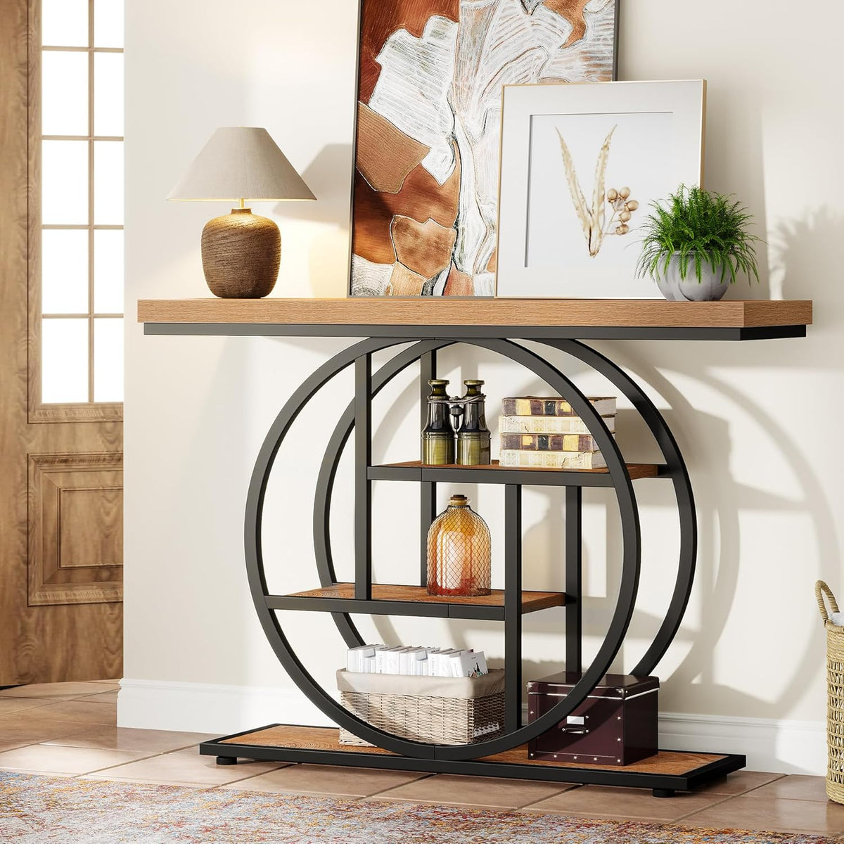 Tribesigns Console Table 105cm with 4 Levels, Narrow Industrial Sofa Table with Round Metal Frame, Wooden Entrance Table with Storage Racks for Living Room (Light Brown)