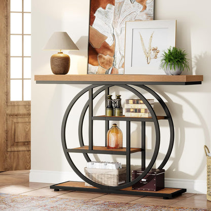 Tribesigns Console Table 105cm with 4 Levels, Narrow Industrial Sofa Table with Round Metal Frame, Wooden Entrance Table with Storage Racks for Living Room (Light Brown)