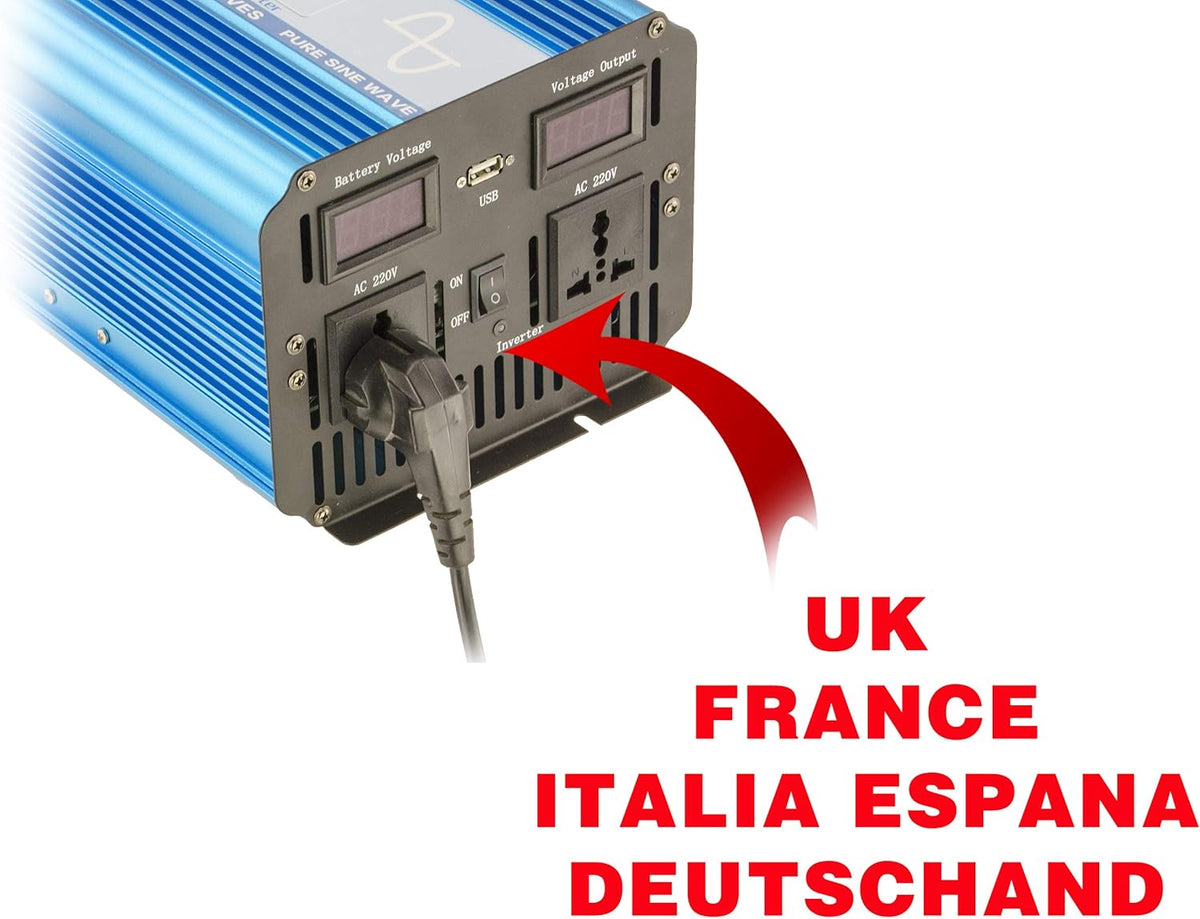 Kalea- Que. 1500 W sinus omvormer. Ingangsspanningsbereik 24 V, uitgangsspanning 220-240 V. Continu uitgangsvermogen 1500 W, piekuitgangsvermogen 3000 W.