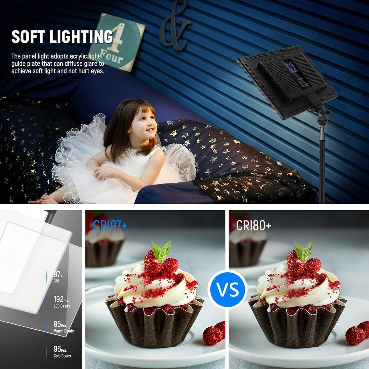 NEEWER NL-192AI Led-videolichtpaneel, studiolichtset met statief, dimbaar, Bi Color Key Light 3200-5600K, CRI97+, voor streaming fotografie, podcasts, opnamen, 2400 lux/0,5 m, 8000 mAh batterij, 13