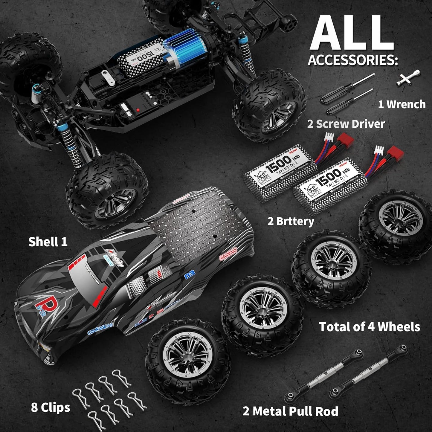 Hosim 1:10 op afstand bestuurde auto, snel met verlichting, RC auto's, offroad, 48+ km/h, Hobby Grade Drift RC Monster Truck met 2 accu's 40 + min speeltijd, voor kinderen en volwassenen (X06, zwart)