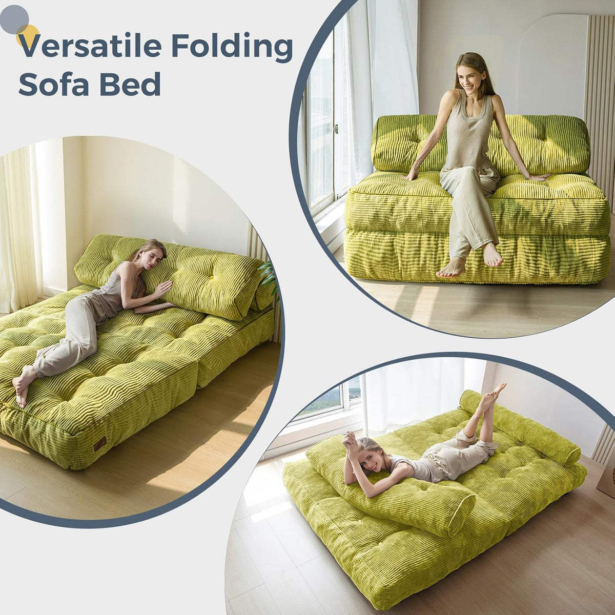 MAXYOYO Folding Sofa Bed, Convertible Sleeping Chair with Pillow, Mattress with Back Support, Portable Chair Bed, Comfortable Lounge for Living Room, Bedroom, Green, Double
