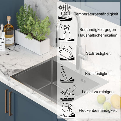 Quadron spoelbak roestvrij stalen spoelbak | afmeting 55 x 48 cm kleur: pvc goud | spoelbak Russel 110 enkele wastafel keukenspoelbak met stalen kamer roestvrij stalen spoelbak | met sifon en