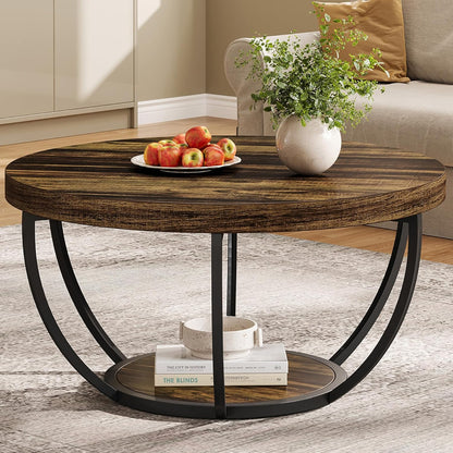 Tribesigns Round Coffee Table, Industrial 2 Tier Circle Coffee Table with Storage Shelves, Modern Wooden Accent Center Table Sofa Side Table for Living Room, Rustic Brown and Black