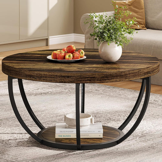 Tribesigns Round Coffee Table, Industrial 2 Tier Circle Coffee Table with Storage Shelves, Modern Wooden Accent Center Table Sofa Side Table for Living Room, Rustic Brown and Black