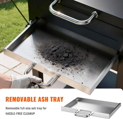 XL Houtskool BBQ Grill voor buiten koken vierkante buis kar roker grill met thermometer, dubbellaags grillrooster, bijzettafel en beweegbare wielen, zwart