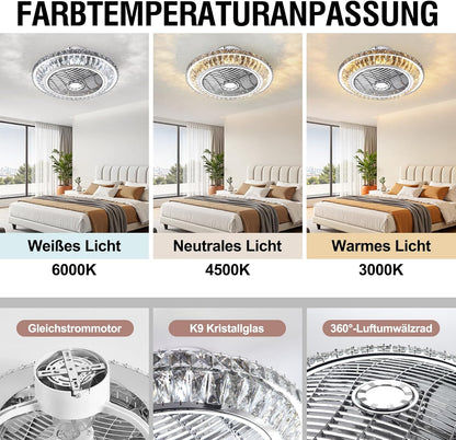 LED-plafondventilator met verlichting, stille kristallen ventilatorkroonluchter met afstandsbediening, dimbare timingventilator, plafondlamp, 72 W moderne ventilator, plafondlamp voor kinderkamer