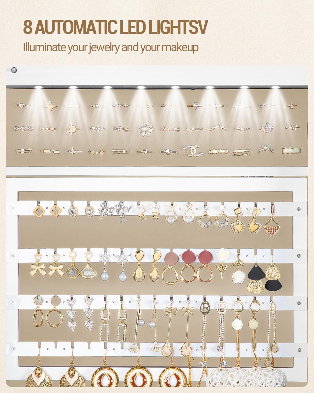 Hzuaneri Jewelry and Wardrobe with 8 LEDs, 165cm Jewelry Storage System with 1 Clothes Rack, Lockable Full Length Mirror with 4 Wheels, Storage Shelves with Hooks, White and Beige JC17003BE
