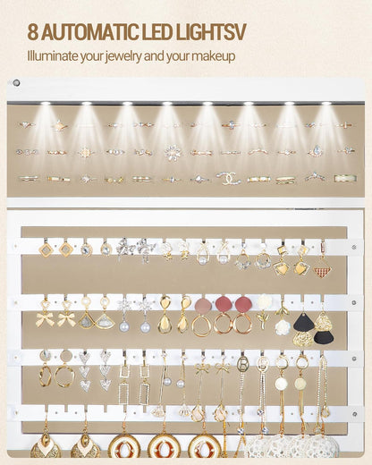 Hzuaneri Jewelry and Wardrobe with 8 LEDs, 165cm Jewelry Storage System with 1 Clothes Rack, Lockable Full Length Mirror with 4 Wheels, Storage Shelves with Hooks, White and Beige JC17003BE