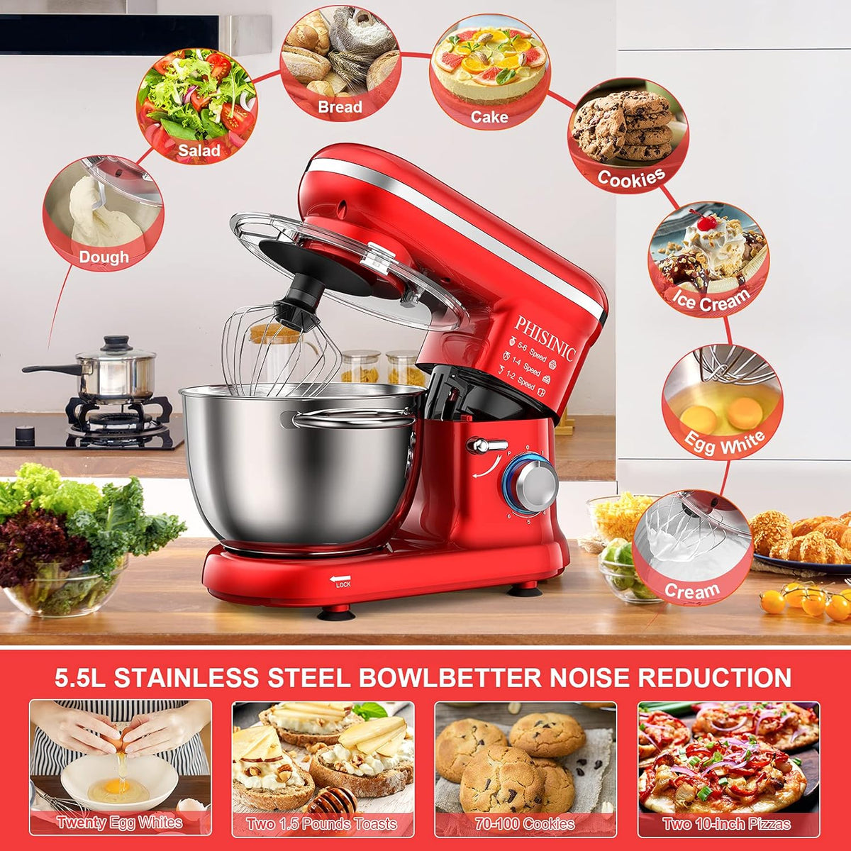 PHISINIC Keukenmachine kneedmachine 1500W deegmachine roermachine met 5,5 L roestvrijstalen kom 6 snelheden geluidsarme deegkneedmachine incl. 3-delige patisserieset en spatbescherming, rood