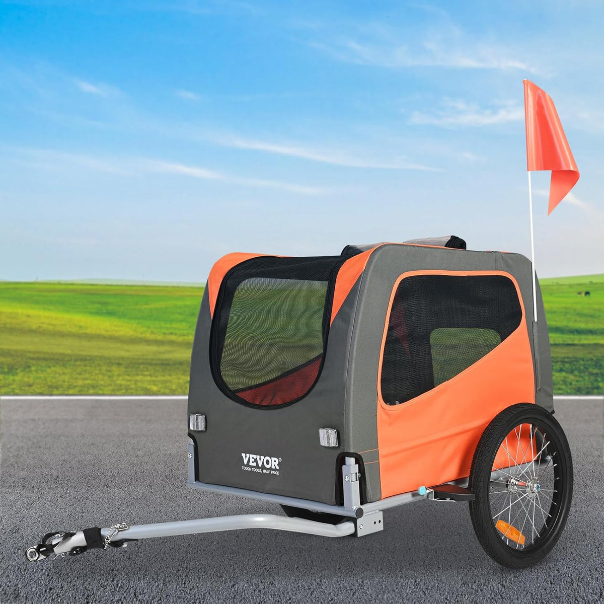 VEVOR Fietskar voor honden, inklapbaar, max. draagkracht 30 kg, kinderwagen voor huisdieren met snelontgrendelingswielen, stalen frame, fietskar voor aanhanger, dieren, oranje/grijs