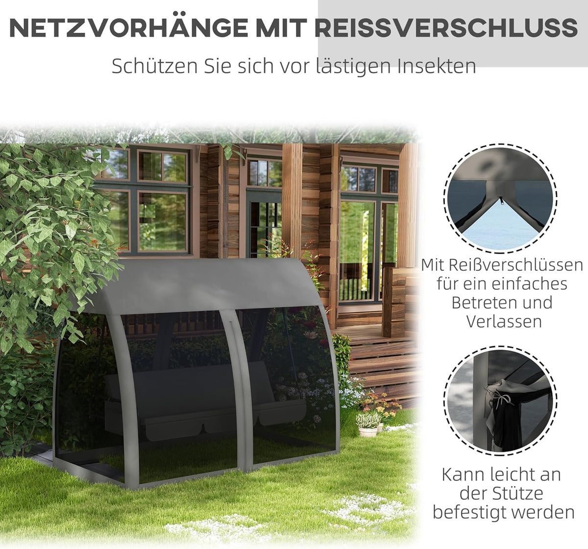 Outsuuny 2 in 1 Hollywoodschaukel mit Liegefunktion 3-Sitzer Gartenschaukel mit Baldachin, Mückennetz, Schaukelbank belast bis 300 kg, Gartenliege für Garten, Terrasse, 240 x 140 x 197 cm, Grau - QUORE