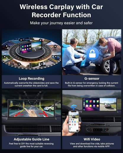 11,3 Inch Carplay Android Auto Display – Touchscreen Navigatie Scherm – Draadloze Carplay – 4K Dashcam – Draaibare 350° Camera – Dubbele Bluetooth – Inclusief 64GB TF Kaart