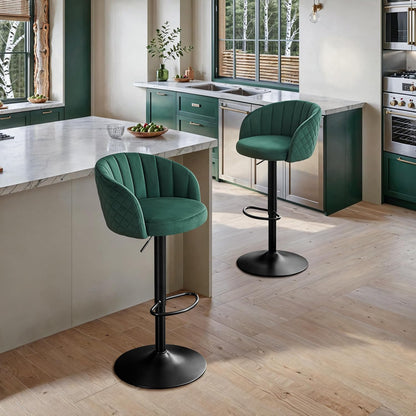 Bar Stool Height Adjustable Set of 2 Bar Stool Milk Velvet Fabric, Bar Chairs with Backrest and Armrest Bar Chair 360° Rotatable, Adjustable Bar Stools, Bar Chair Resilient 150kg-Green - QUORE