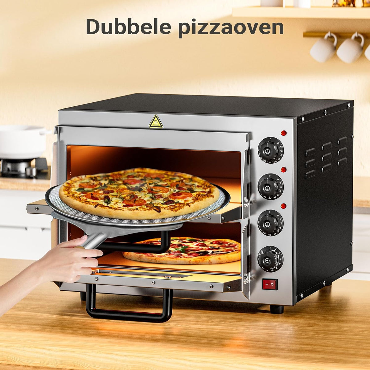 Wiltec pizzaoven met 2 niveaus 3000 W, oven voor pizza's incl. cordieriet pizaasteen, vuursteen voor steenovenpizza's, bakoven vor gerechten en maaltijden, pizzabakoven met twee kijkvensters