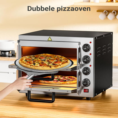 Wiltec pizzaoven met 2 niveaus 3000 W, oven voor pizza's incl. cordieriet pizaasteen, vuursteen voor steenovenpizza's, bakoven vor gerechten en maaltijden, pizzabakoven met twee kijkvensters