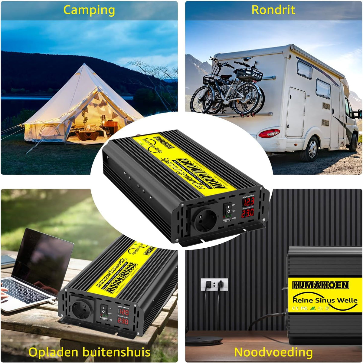 Omvormer 12V naar 230V 2000w/4000w zuivere sinusspanningomvormer, voor thuis, camper, vrachtwagen, met geïntegreerde 5V/2.1A USB-aansluiting