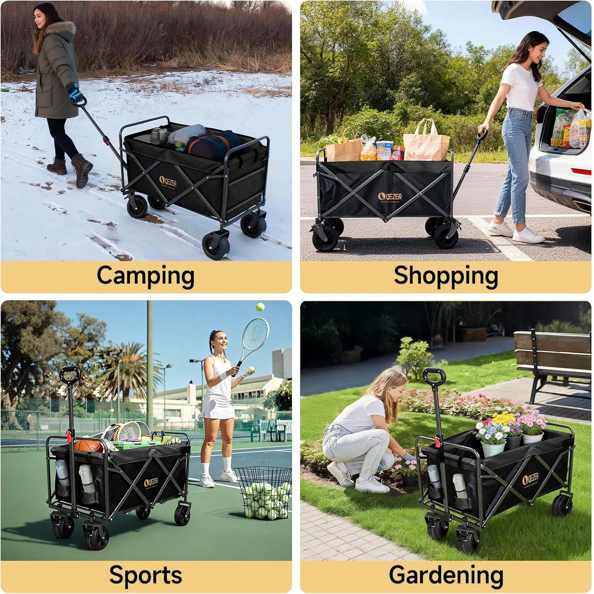 opvouwbare kinderwagen, multifunctionele opvouwbare kinderwagen met offroad-wielen, draagbaar voor kamperen, tuinieren, winkelen en sport (Zwart, 270 kg 250 liter)