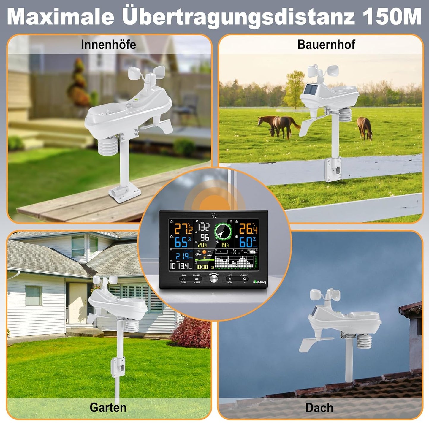 Urageuxy Draadloos weerstation met buitensensor, 7-in-1 professioneel weerstation met regenmeter en windmeter, 7,6 inch display, DCF-klok, datasoftware, binnen- en buitenthermometer, hygrometer