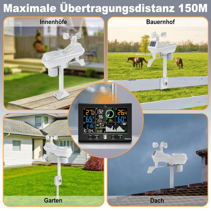Urageuxy Draadloos weerstation met buitensensor, 7-in-1 professioneel weerstation met regenmeter en windmeter, 7,6 inch display, DCF-klok, datasoftware, binnen- en buitenthermometer, hygrometer
