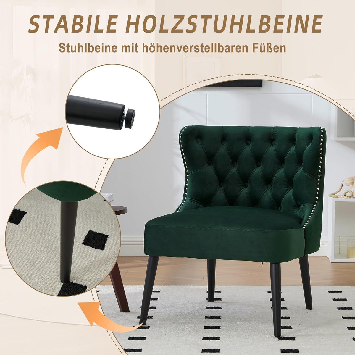 Fluwelen fauteuil, stoel zonder armleuningen met klinknagels, poten van massief hout, voor woonkamer, slaapkamer en kantoor, smaragd, 65 x 61 x 80 cm