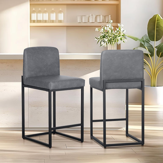 ALPHA HOME Bar Stool Set of 2 Bar Stools with Backrest, PU Leather, Kitchen Stool, Bar Chair, Set of 2 with Footrest, for Countertop, Stable Metal Steel Frame, Grey