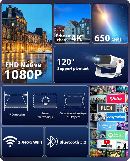 Beamer 2025 met geïntegreerde app – draagbare projector full hd 1080p 650ANSI, retroprojector ondersteunt 4K WiFi Bluetooth, trapeziumcorrectie auto en 4P, compatibel met iOS Android HDMI