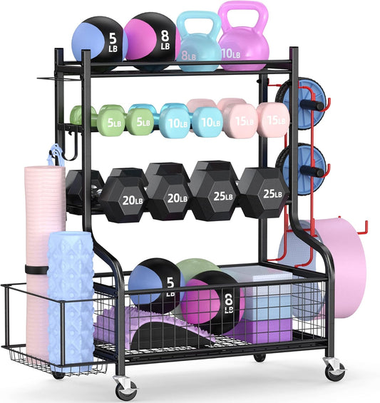 Mythinglogic Halterstandaard, multifunctioneel halterrek voor halters, yogamat, fasciarol, kettlebell en yogablok, gepoedercoat staal, met haken en wieltjes