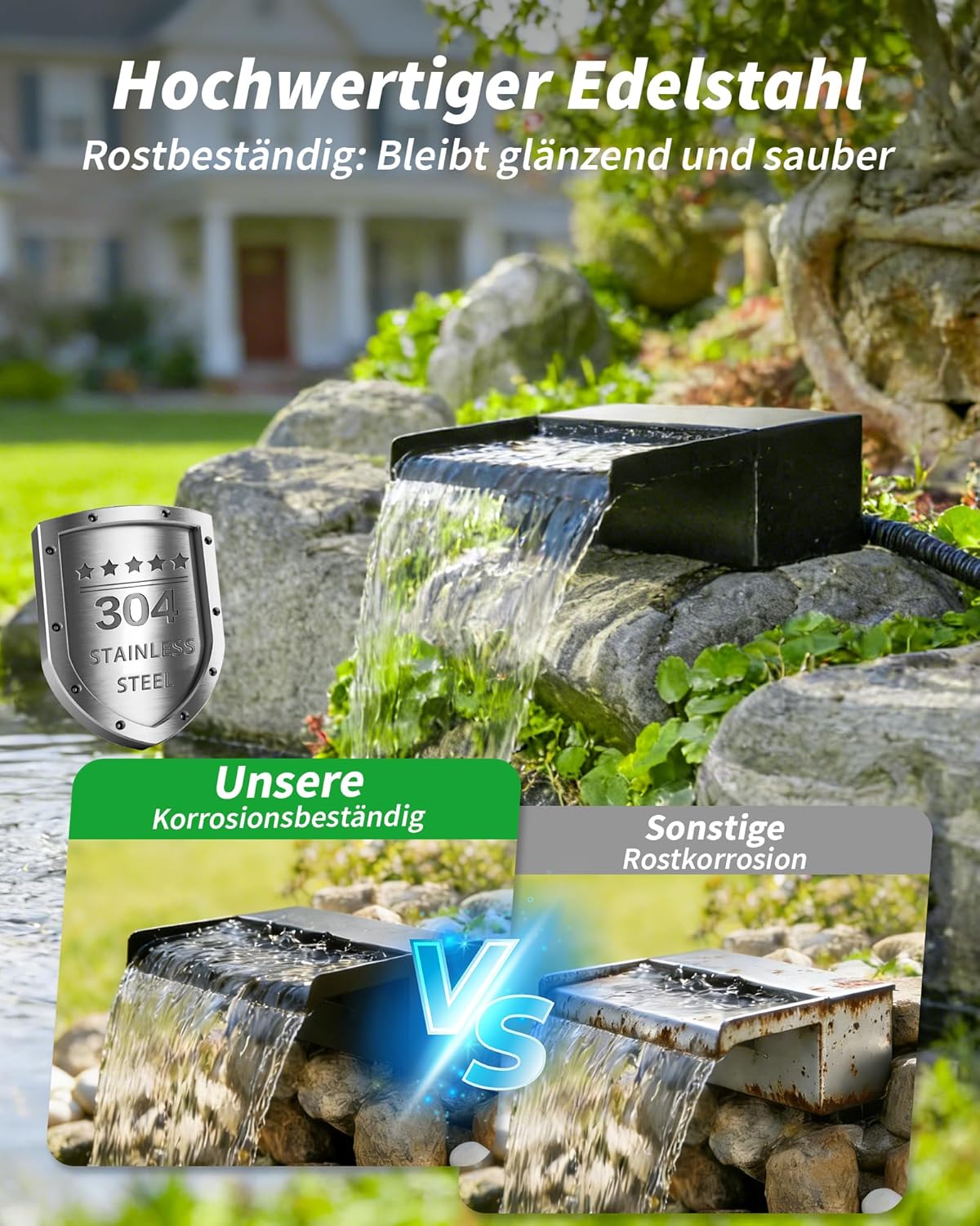 POPOSOAP Watervalvijver, 55 W zonne-waterval met vijverpomp 2000 l/u, 20 cm brede roestvrijstalen watervalbox, 3,0 m golfbuis, gebruiksklaar voor tuinvijverwaterfuncties buiten