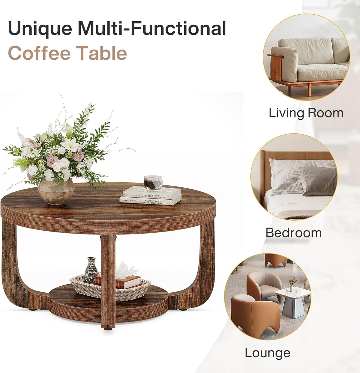Tribesigns Round Coffee Table, 2-Step Round Coffee Table with Storage Space, 80 cm, Modern Accent Table Made of Wood for Living Room, Thick Table Top and Base, Rustic Brown