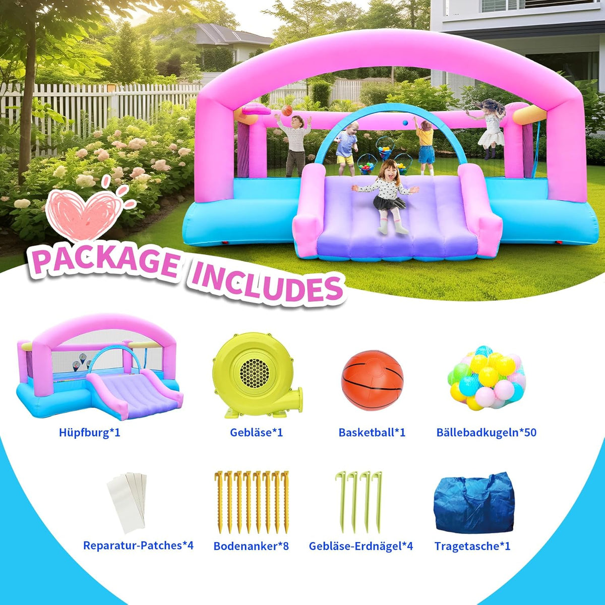 Springkasteel voor kinderen, met glijbaan en klimwand, inclusief springkasteel, binnen en buiten, springmatras voor kinderen, 3-10 jaar, 274 x 310 x 218 cm, outdoor springkastelen (groot)