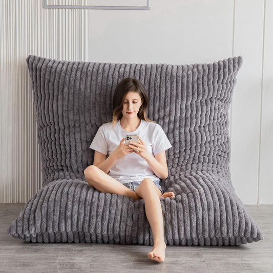MAXYOYO Huge Bean Bag Bed, Square Bean Bag Chair, Large Sofa with Faux Fur Cover and Fluffy Filling for Adults Couples Guests (Corduroy Grey, 135x190cm)