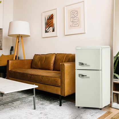 Compact retro refrigerator with freezer compartment, 60 litres total volume (22 l freezer/38 l refrigerator compartment), energy class E, cream white, 89 cm height, quiet 45 dB, 7 temperature levels - QUORE