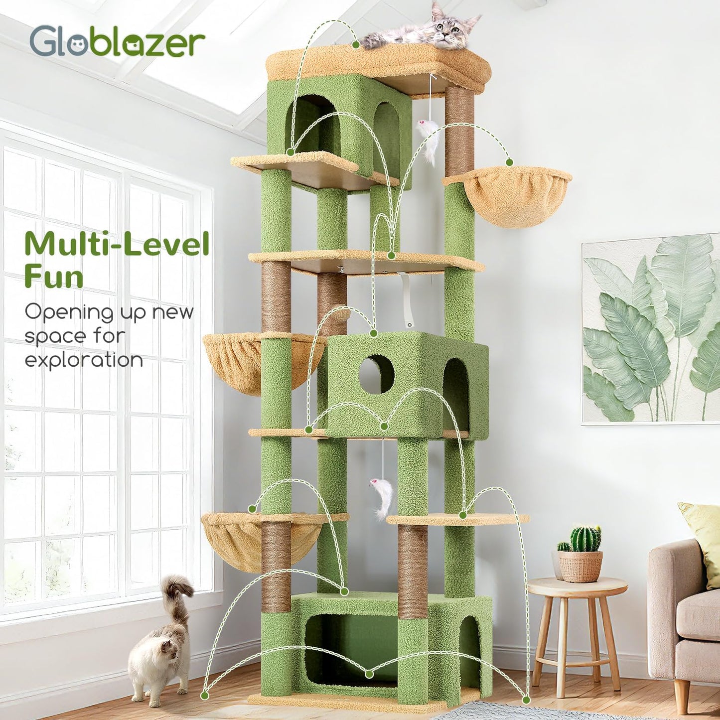 Globlazer Cat Tree Cactus Green Large, Scratching Post XXL High 204cm with 3 Cat House, 2 Large Platform, 2 Baskets Soft, Stable Cat Tower Luxury for 3-5 Large Cats Rest Playing (F80F, Green) - QUORE