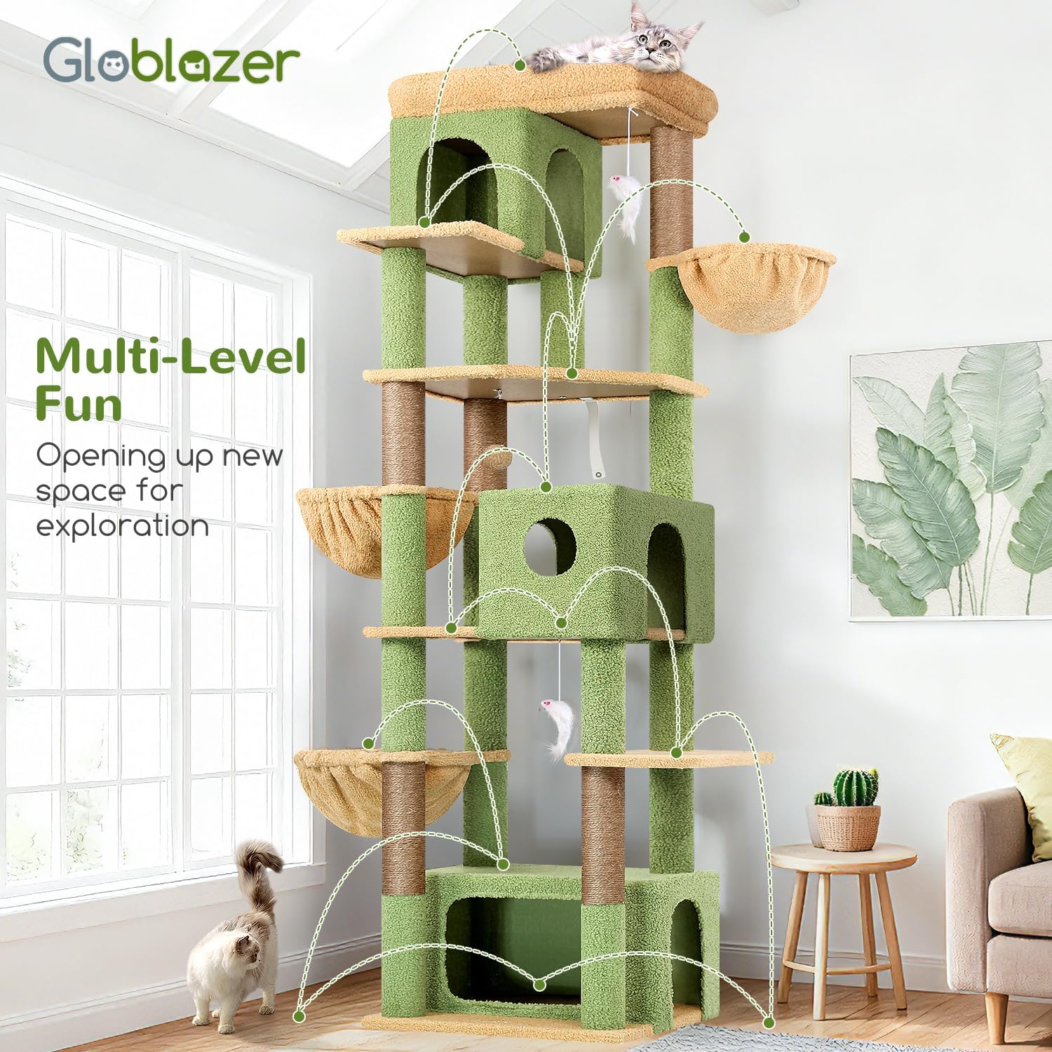 Globlazer Cat Tree Cactus Green Large, Scratching Post XXL High 204cm with 3 Cat House, 2 Large Platform, 2 Baskets Soft, Stable Cat Tower Luxury for 3-5 Large Cats Rest Playing (F80F, Green) - QUORE