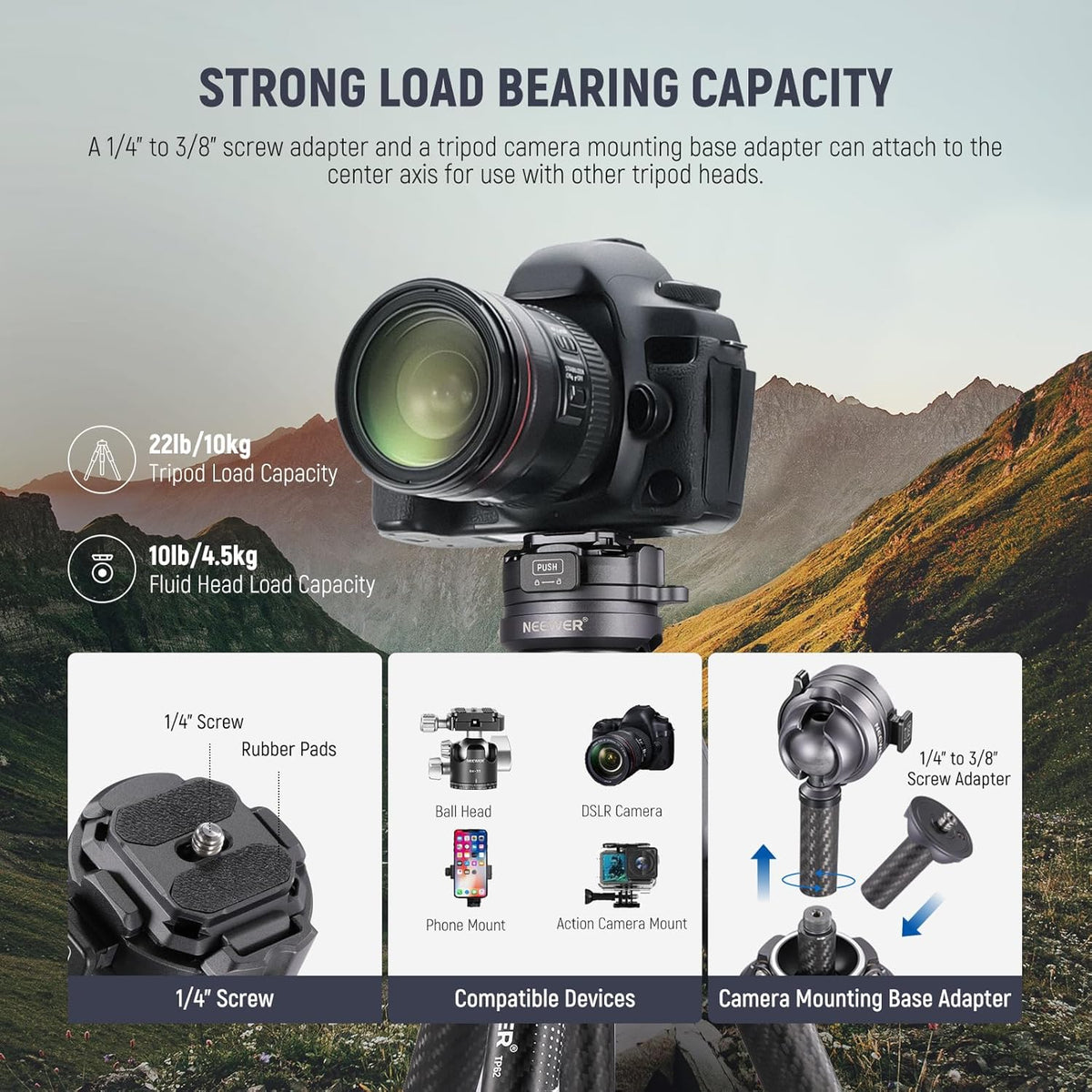 NEEWER LITETRIP LT32 62" reisstatief koolstofvezel met ±15° nivellering, 360° panoramakop, afneembare middenas, snelle flip-gesp, Arca QR-plaat compatibel met Peak Design Capture V3, (voormalig TP62)