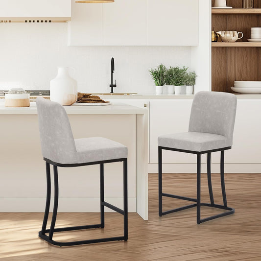 ALPHA HOME Set of 2 Bar Stools Breakfast Bar Stools PU Leather Kitchen Stools with Backrest Bar Stools with Footrest for Kitchen Sink Sturdy Metal Steel Frame, Light Grey