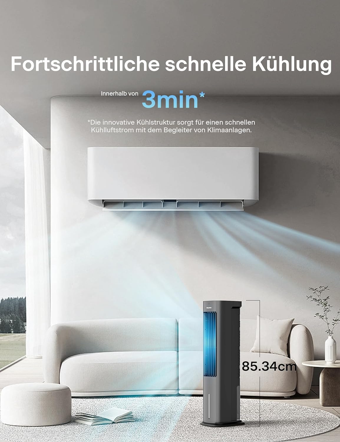 Pelonis Verdampingskoeler met afstandsbediening, 3-in-1 draagbare luchtkoeler, ventilator, luchtbevochtiger en automatische oscillatie, 3 standen, timer, 7 uur, 2 koelpads voor thuis en op kantoor