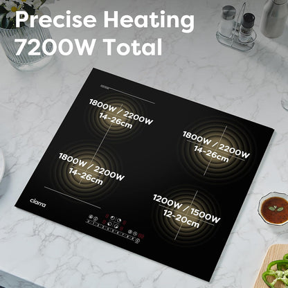 CIARRA CBBIH4BF Inductiekookplaat, 4 geïntegreerde kookplaten, 7200 W, met Flex-functie, boost-functie, inductie, touch-bediening, verschuifbaar, 9 standen, zwart