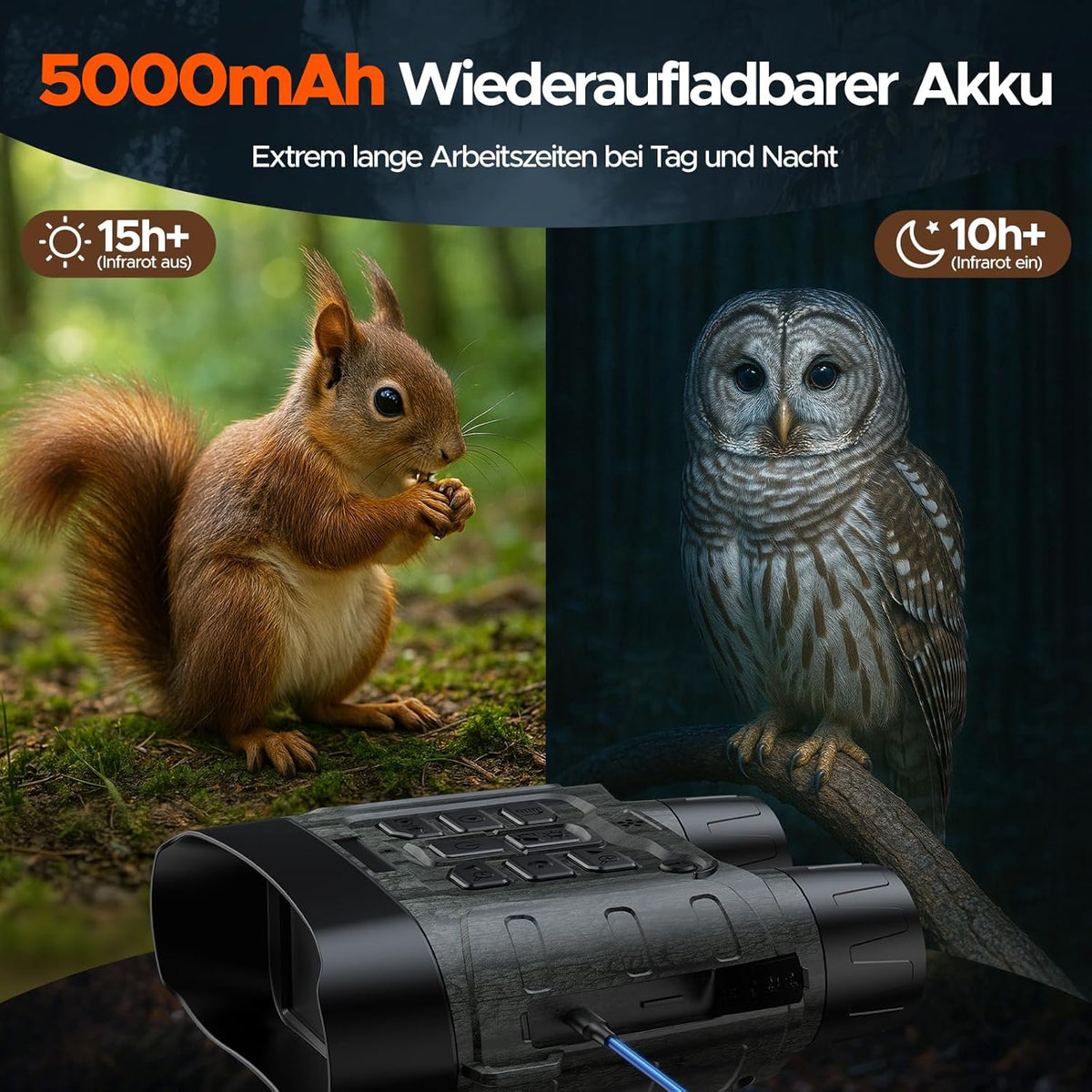 Nachtzichtapparaat, 4K 112MP infrarood verrekijker, nachtzichtapparaat, jacht, 12 x digitale zoom, bereik 450 m, 5000 mAh oplaadbaar, 64 GB TF-kaart voor jacht, veiligheid, camping