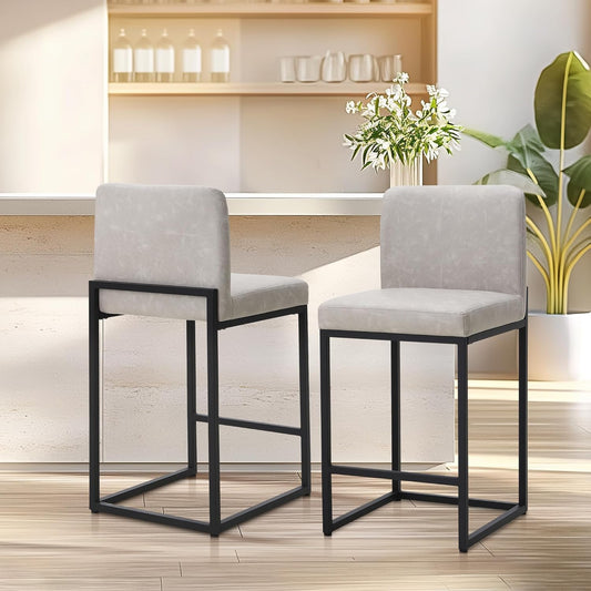 ALPHA HOME Bar Stool Set of 2 Bar Stools with Backrest, PU Leather, Kitchen Stool, Bar Chair, Set of 2 with Footrest, for Countertop, Stable Metal Steel Frame, Light Grey