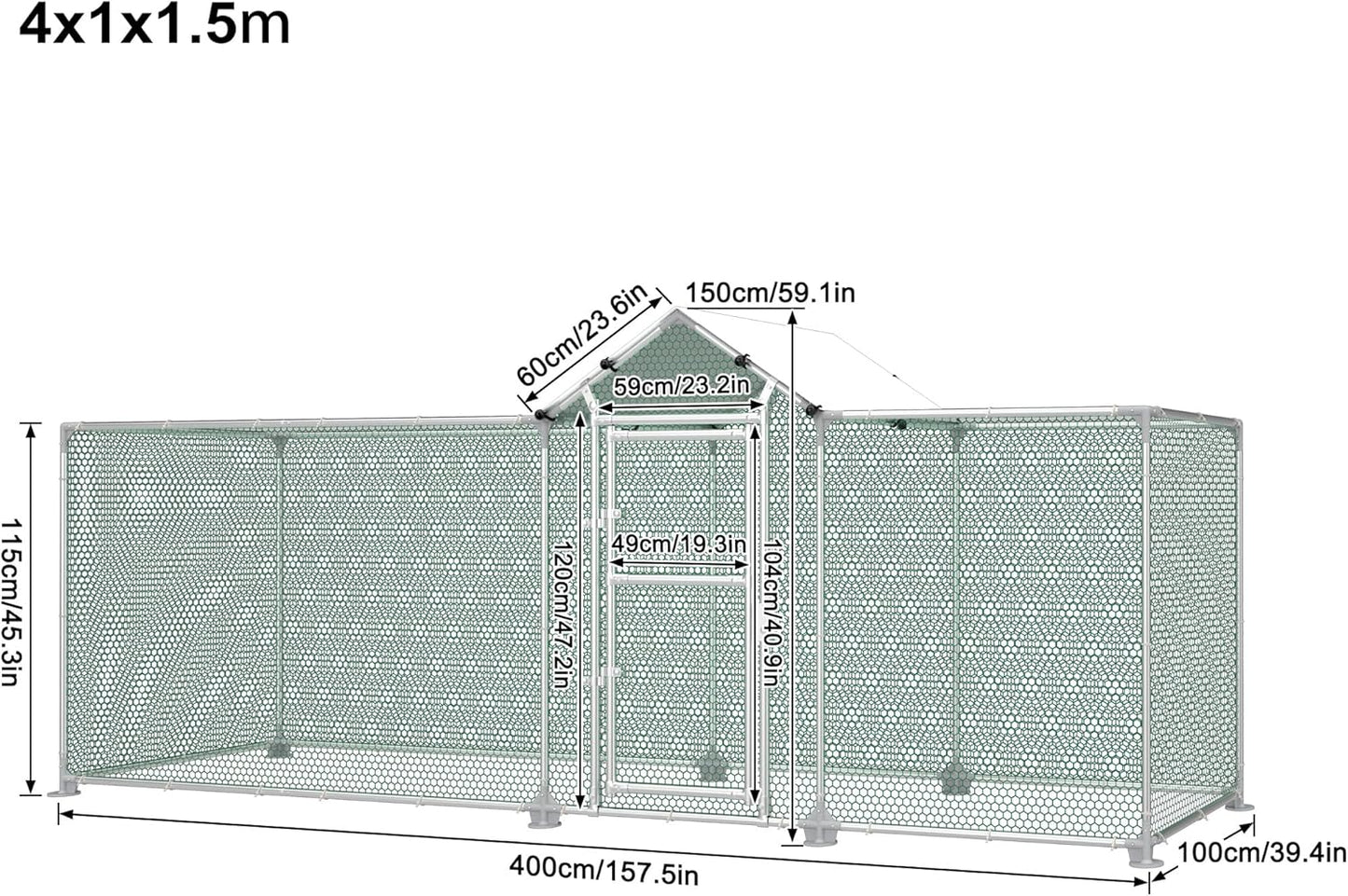 LILIIN Free Run Hen Coop Galvanised Steel Frame Chicken Coop Outdoor Entrance for Pet Cage, Bird Cage, Small Animals, with Lock and PVC Coated Roof, 400 x 100 x 150 cm - QUORE