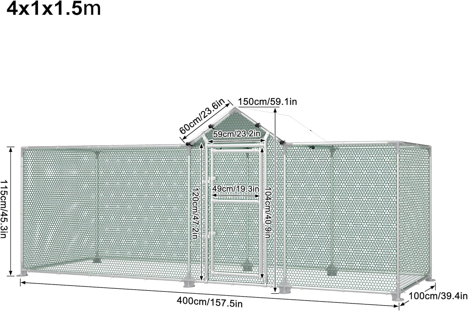 LILIIN Free Run Hen Coop Galvanised Steel Frame Chicken Coop Outdoor Entrance for Pet Cage, Bird Cage, Small Animals, with Lock and PVC Coated Roof, 400 x 100 x 150 cm - QUORE