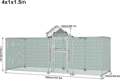 LILIIN Free Run Hen Coop Galvanised Steel Frame Chicken Coop Outdoor Entrance for Pet Cage, Bird Cage, Small Animals, with Lock and PVC Coated Roof, 400 x 100 x 150 cm - QUORE