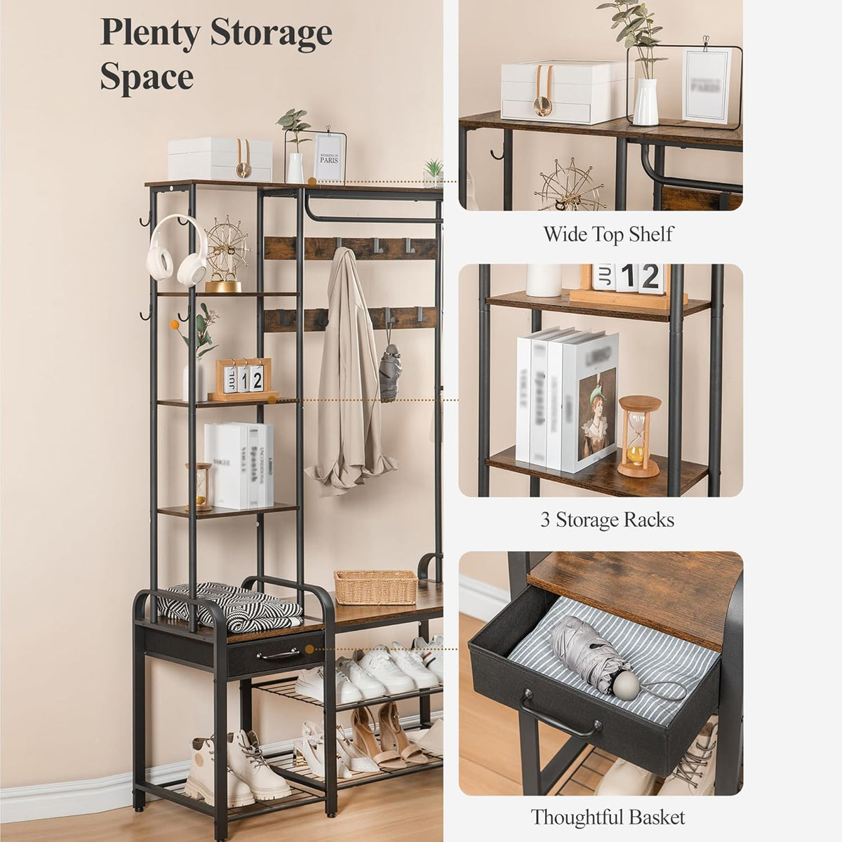 Hzuaneri Hall Tree, Coat Rack with 3-Tier Storage Bench and 1 Drawer, 5-in-1 Hallway Bench with 17 Hooks, 1 Hanging Bar, 4-Tier Side Shelves, Rustic Brown HT03501B