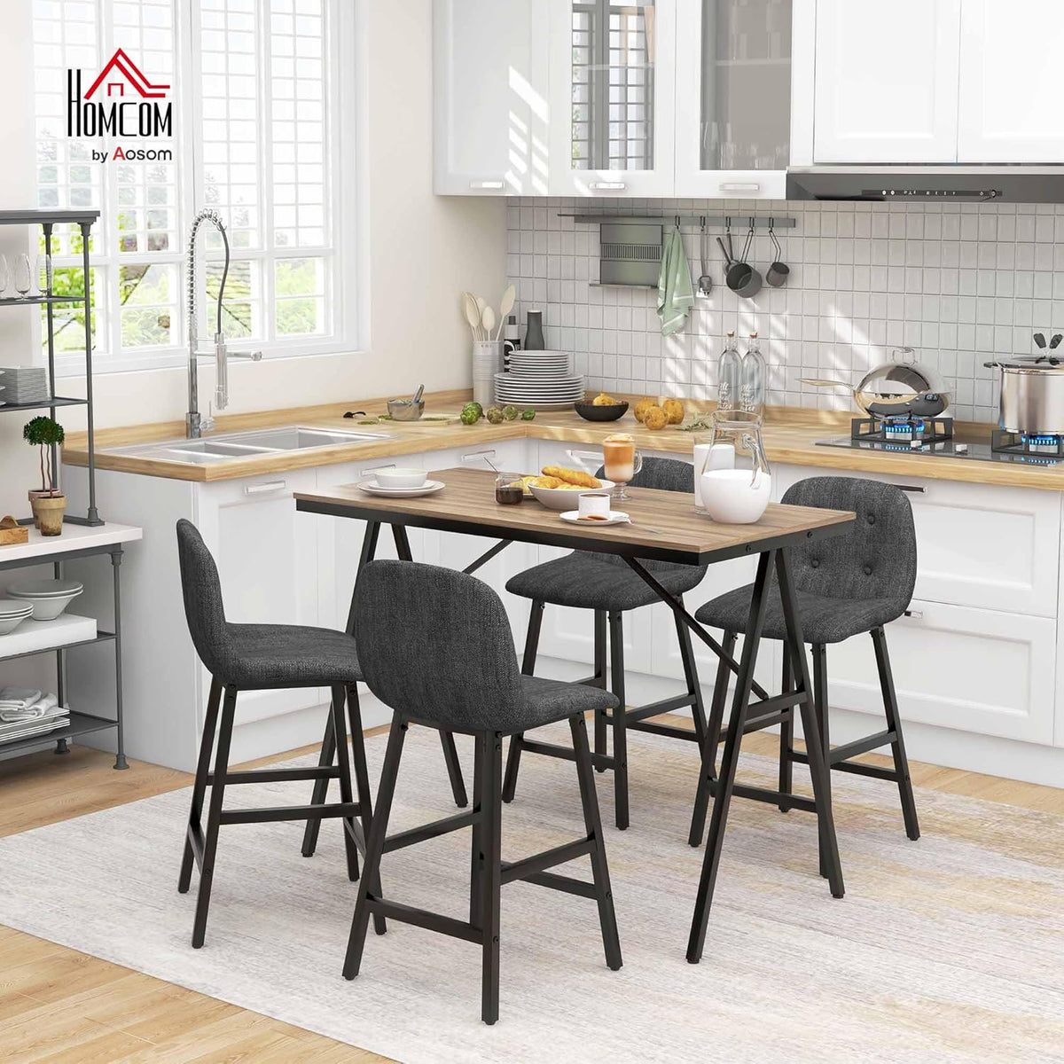 HOMCOM Bar Table with Bar Stool Set, 5-Piece Dining Group, Kitchen Table, Bistro Table with 4 Chairs, Bar Table Set for Kitchen, Living Room, Steel, Dark Grey, 120 x 60 x 91 cm - QUORE